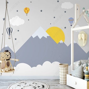 Geometric Snow  Mountain Children's  Room Wall Mural,Lovely Hot Air Balloon and Starry Sky Children's  Room Wall Decor
