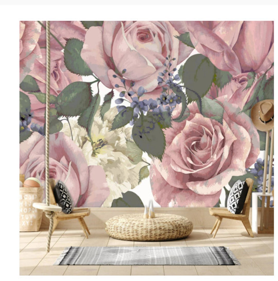 Pink Flowers Rose Floral Wallpaper Wall Mural Wall Decor - Etsy