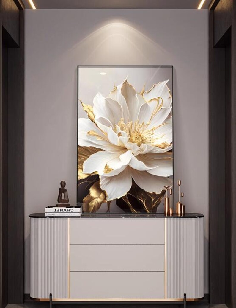 Modern White Flower Wall Art, White Gold Flower Digital Download