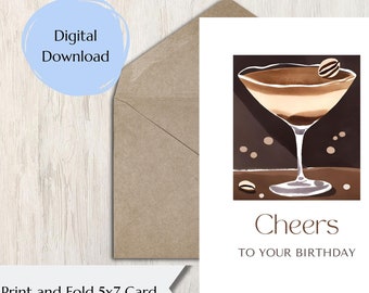 Afdrukbare Espresso Martini-verjaardagskaart | Espresso-martinikaart | Martini-verjaardagskaart | Verjaardagskaart | Espresso-martini direct downloaden
