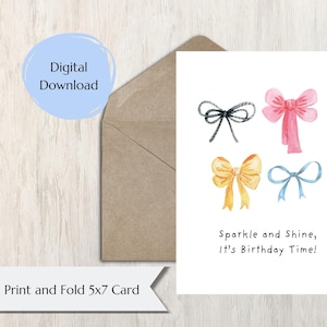 PRINTABLE Birthday Card for Her Coquette Bows Birthday Card Printable 5x7 Card Girly Birthday Card Instand Download Watercolor Bows Card
