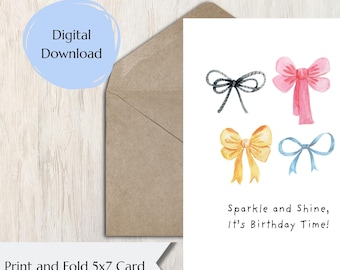 PRINTABLE Birthday Card for Her Coquette Bows Birthday Card Printable 5x7 Card Girly Birthday Card Instand Download Watercolor Bows Card