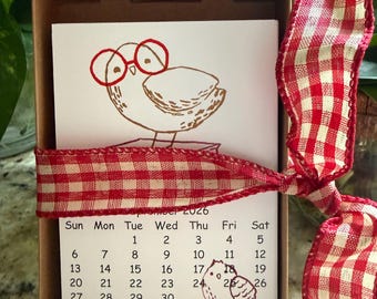 Hand Stamped 2027 Desk Calendar, Small Handmade Calendar, Rustic Farmhouse Calendar, Cute Bird Calendar, Gift for Her