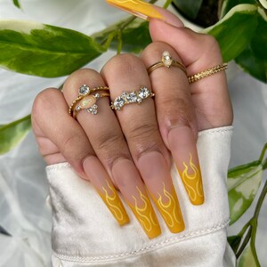 Ready To Ship| Flame Press on nails | French Tip Press on nails| Yellow Press on nails | Cute Press on nails | Coffin Press on nails