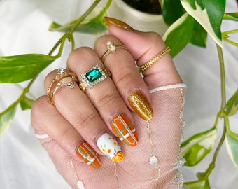 Fall Press on nails | Pumpkin Press on nails | Orange Press on nails | Plaid Press on nails | Fake Press on nails