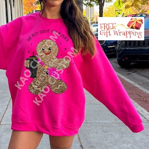Gingerbread Man Christmas Sweatshirt, Pink Preppy Faux Glitter Funny Gingerbread Man Christmas Sweatshirt Gift , Preppy Clothes Sweatshirt