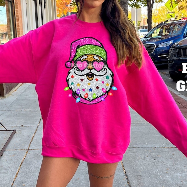 Faux Glitter Santa With Sunglasses Sweatshirt, Pink Preppy Santa Shirts, Funny Christmas Jumper, Trendy Xmas Sweater, Christmas Teen Clothes