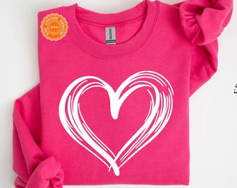 Heart Graphic Hot Pink Sweatshirt, Woman Valentines Day Sweater, Teen Love Shirts