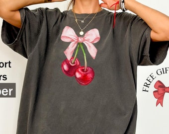 Comfort Colors Cherry Bow T-Shirt: Retro Y2K Oversized Tee