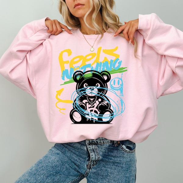 Funny Preppy Bear Sweatshirt, Baggy Streetwear Shirt, Trendy Y2K Clothing, Preppy Woman Clothes, Hot Pink Sweater, Pink Jumper For Teen Girl