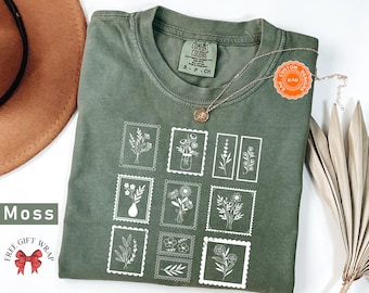 Comfort Colors Vintage Minimal Floral T-Shirt, Flower Frame Shirt, Gifts For Her, Flower Stamps Graphic Tee, Woman Vintage Flower Shirt