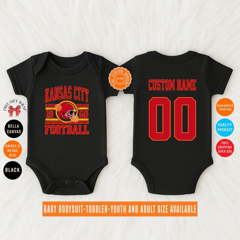 May include: Black baby bodysuit with a red and gold "Kansas City Football" design on the front. The back features a red "00" with a red outline and the text "CUSTOM NAME". The bodysuit is available in baby, toddler, youth, and adult sizes.