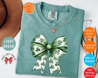 St Patrick Coquette Bow T-Shirt, Lucky Charm Shirt, Shamrock Tee, Woman Irish Party Tops