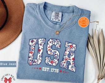 Comfort Colors Floral USA T-Shirt: Retro 4th Of July Tee