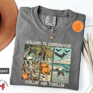 Comfort Colors Retro Summerween T-Shirt, Chilling And Thrilling, Funny Halloween Shirt, Spooky Season Streetwear, Cute Skeleton Clothing