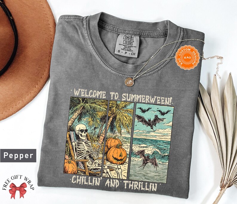 Comfort Colors Retro Summerween T-Shirt, Chilling And Thrilling, Funny Halloween Shirt, Spooky Season Streetwear, Cute Skeleton Clothing
