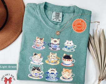 Funny Kitten Teacups T-Shirt: Comfort Colors Watercolor Cat Tee