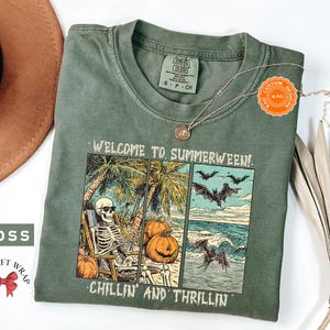 Comfort Colors Retro Summerween T-Shirt, Chilling And Thrilling, Funny Halloween Shirt, Spooky Season Streetwear, Cute Skeleton Clothing