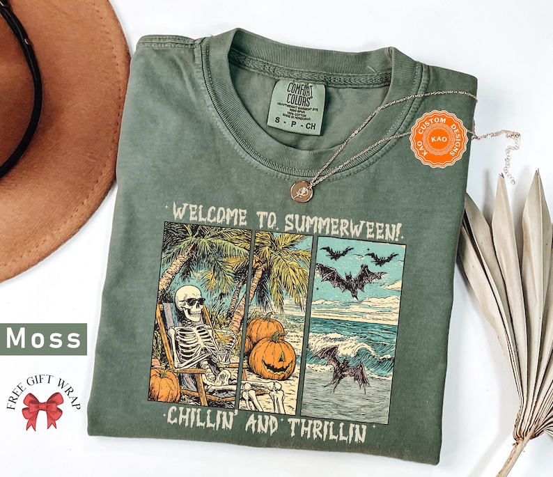 Comfort Colors Retro Summerween T-Shirt, Chilling And Thrilling, Funny Halloween Shirt, Spooky Season Streetwear, Cute Skeleton Clothing