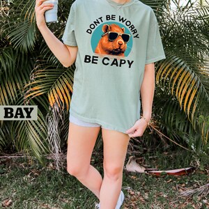 May include: A light green t-shirt with a graphic of a capybara wearing sunglasses and the text "Don't be worry be capy".