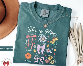 Comfort Colors Aesthetic Mom T-Shirt, She Is Mom Shirt, Christian Mom Clothing, Gifts For Mother&#39;s Day, Religious Mom Tee, Easter Mom Shirt