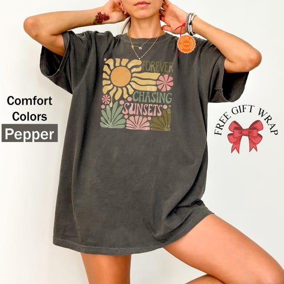 Comfort Colors Boho Floral T-Shirt: Groovy Retro Sunset Tee