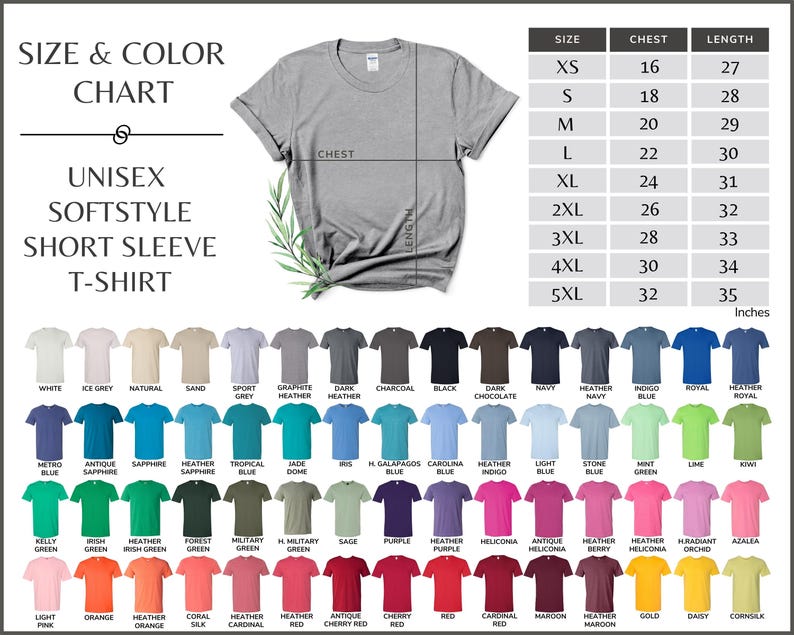 May include: A size and color chart for a unisex softstyle short sleeve t-shirt. The chart includes a size guide from XS to 5XL, with chest and length measurements in inches. A variety of shirt colors are displayed, including white, grey, blue, green, and red.