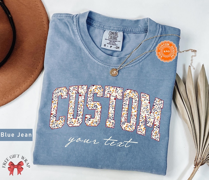 Comfort Colors Floral Custom Text T-Shirt, Personalized Wildflower Shirt, Your Customized Text, Custom Name Shirt, Personalized Gift For Her