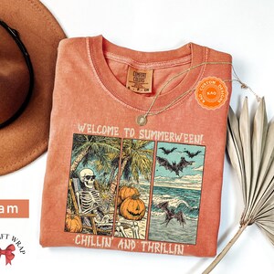 Comfort Colors Retro Summerween T-Shirt, Chilling And Thrilling, Funny Halloween Shirt, Spooky Season Streetwear, Cute Skeleton Clothing