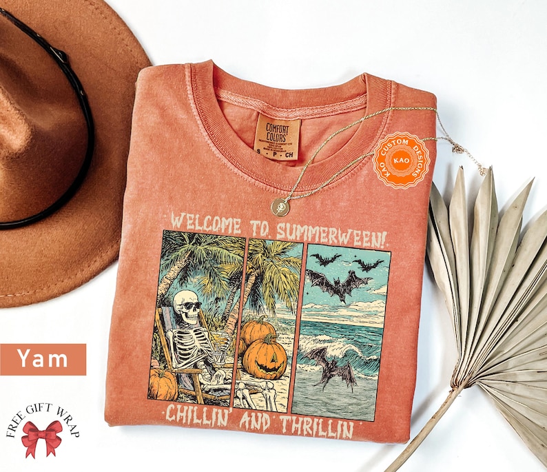 Comfort Colors Retro Summerween T-Shirt, Chilling And Thrilling, Funny Halloween Shirt, Spooky Season Streetwear, Cute Skeleton Clothing