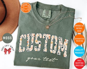 Camisetas con texto personalizado, camisetas con nombre personalizado, camisetas cómodas con colores a juego, texto gráfico de flores