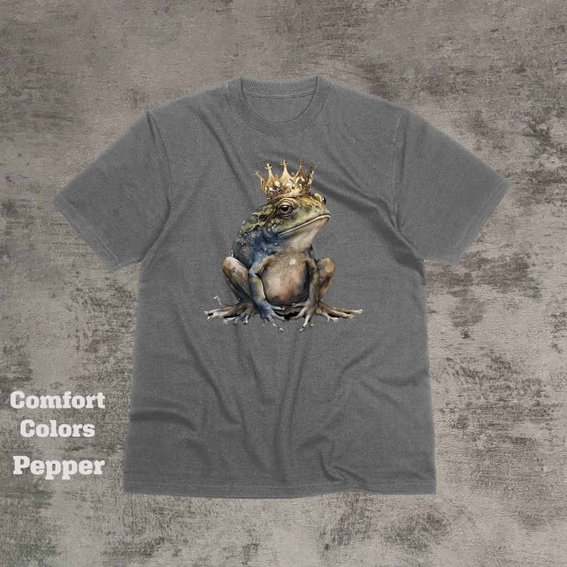 May include: A gray t-shirt with a graphic of a frog wearing a gold crown. The frog is sitting on its hind legs with its front legs crossed. The frog is green, brown, and blue.