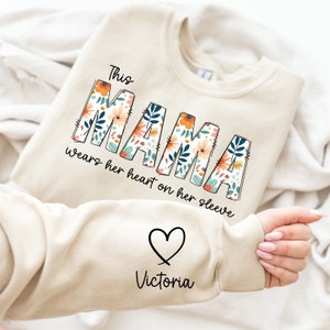 Custom Mom Sweatshirt Kids Name On Sleeve, Mothers Day Gift For Grandmom, Wear Her Heart On Her Sleeve