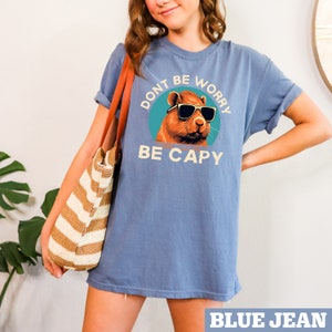 May include: A blue jean t-shirt with a graphic of a capybara wearing sunglasses and the text "Don't be worry be capy".