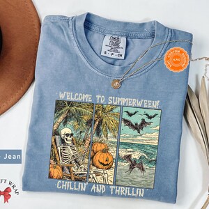 Comfort Colors Retro Summerween T-Shirt, Chilling And Thrilling, Funny Halloween Shirt, Spooky Season Streetwear, Cute Skeleton Clothing