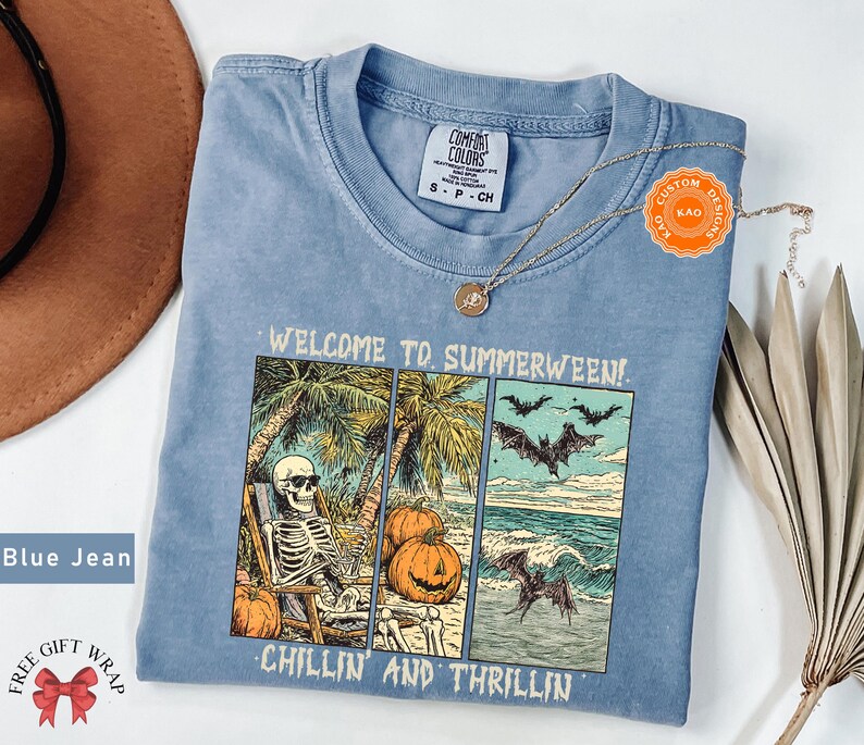 Comfort Colors Retro Summerween T-Shirt, Chilling And Thrilling, Funny Halloween Shirt, Spooky Season Streetwear, Cute Skeleton Clothing