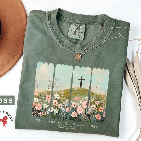 Comfort Colors He Has Risen T-Shirt: Retro Floral Christian Tee, Religious Woman Shirts
