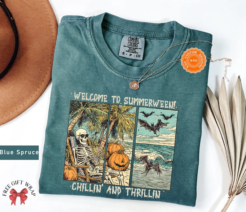 Comfort Colors Retro Summerween T-Shirt, Chilling And Thrilling, Funny Halloween Shirt, Spooky Season Streetwear, Cute Skeleton Clothing