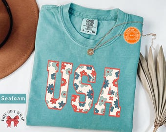 Comfort Colors Retro USA Floral T-Shirt - 4th Of July