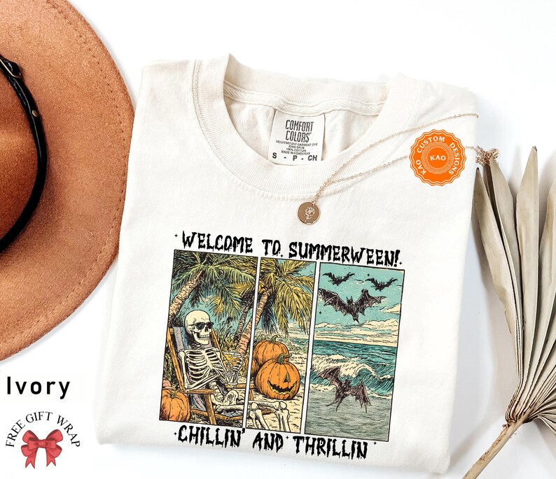 Comfort Colors Retro Summerween T-Shirt, Chilling And Thrilling, Funny Halloween Shirt, Spooky Season Streetwear, Cute Skeleton Clothing
