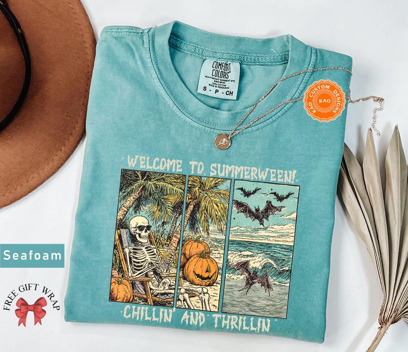 Comfort Colors Retro Summerween T-Shirt, Chilling And Thrilling, Funny Halloween Shirt, Spooky Season Streetwear, Cute Skeleton Clothing