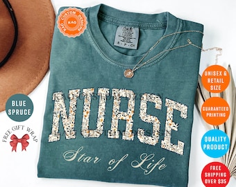 Nurse Star Of Life T-Shirt, Floral Nurse Shirts, Comfort Colors Tee