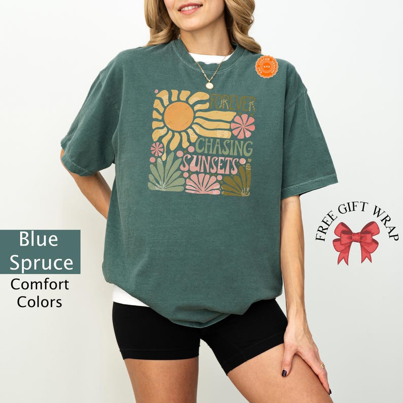 Comfort Colors Boho Floral T-Shirt, Groovy Flower Shirt, Forever Chasing Sunsets, Mental Health Shirt, Woman Streetwear, Retro Floral Shirt