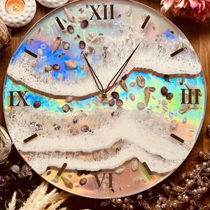 Clock, wall clock, resin clock, resin art grandfather clock, resin wall decoration, resin wall art, resin wall object, gift, holographic with waves and shell image 2