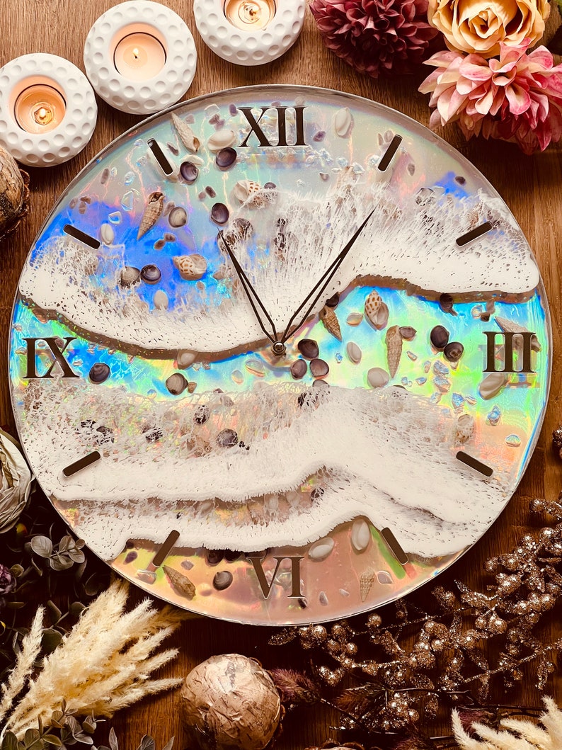 Clock, wall clock, resin clock, resin art grandfather clock, resin wall decoration, resin wall art, resin wall object, gift, holographic with waves and shell image 2