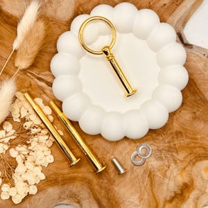 Puede incluir: Juego de herrajes para soporte de pastel dorado con dos tornillos, dos arandelas y una parte superior decorativa con un anillo. El hardware está sobre una superficie de madera.