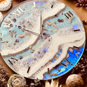 Clock, wall clock, resin clock, resin art grandfather clock, resin wall decoration, resin wall art, resin wall object, gift, holographic with waves and shell image 6