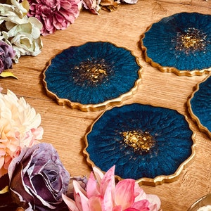 4 Coasters Blue Gold | Handmade Resin Coasters | Unique Table Decoration | Birthday Gift Idea | Individual Decoration
