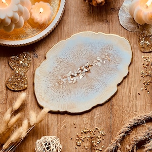 Tray, resin tray, resin art plate, gold white with mother of pearl made of resin, resin tray, epoxy tray, resin plate, birthday gift