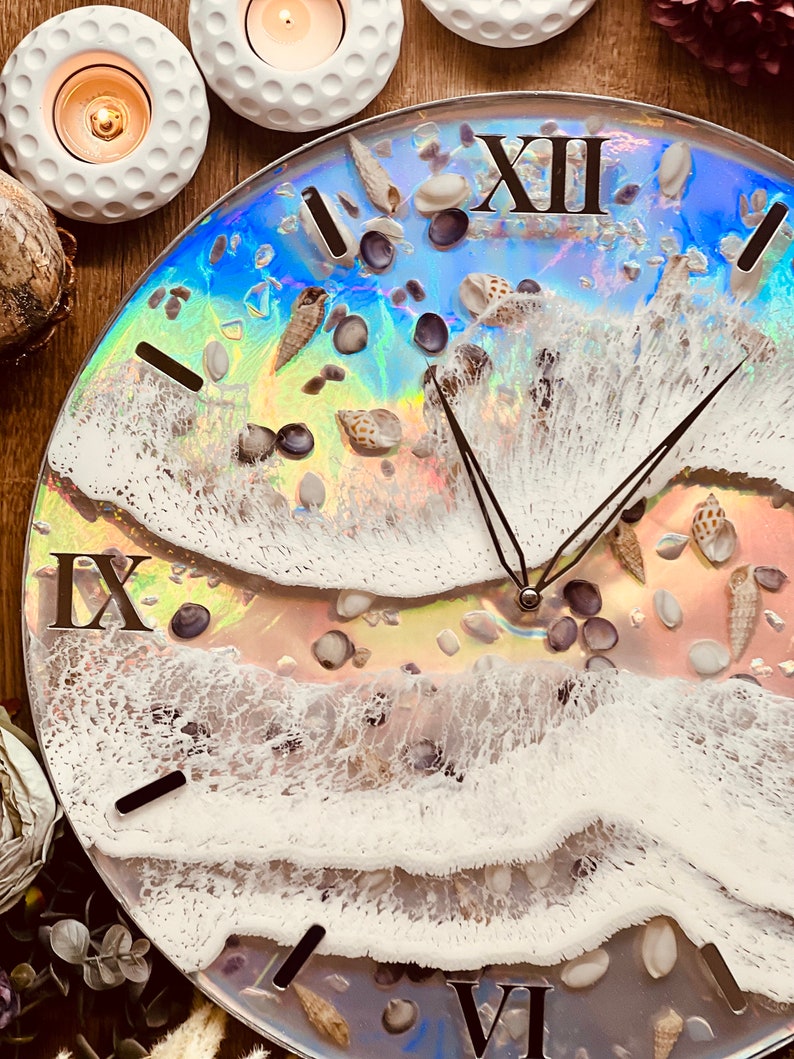 Clock, wall clock, resin clock, resin art grandfather clock, resin wall decoration, resin wall art, resin wall object, gift, holographic with waves and shell image 5